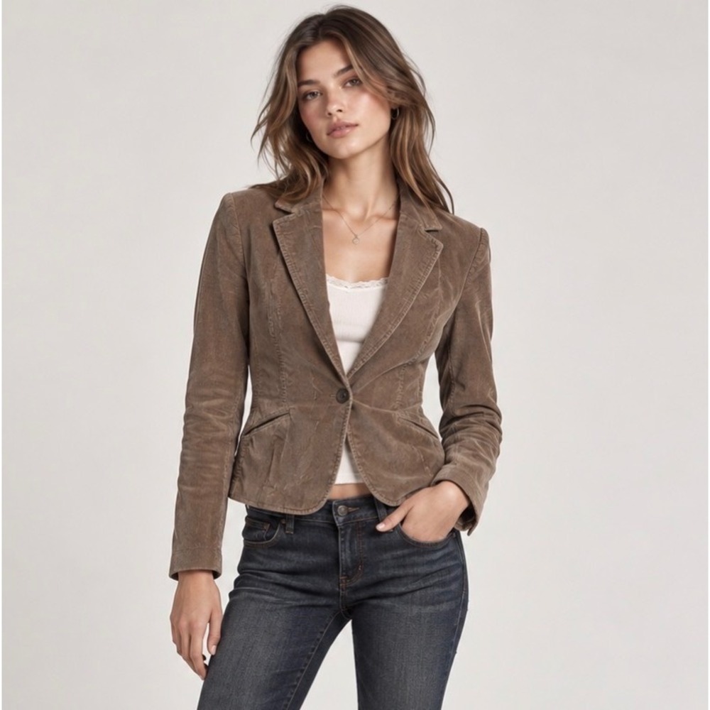 The Limited Corduroy Blazer Women Medium Brown Tan Stretch Button Dark Academia